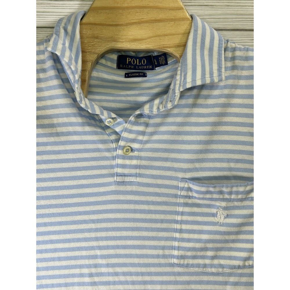 Polo Sport Ralph Lauren Golf Polo Shirt White Light Blue Stripe Logo Men's Sz Lg